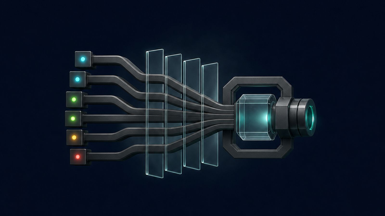 Six layered security paths joining at a translucent evidence gate
