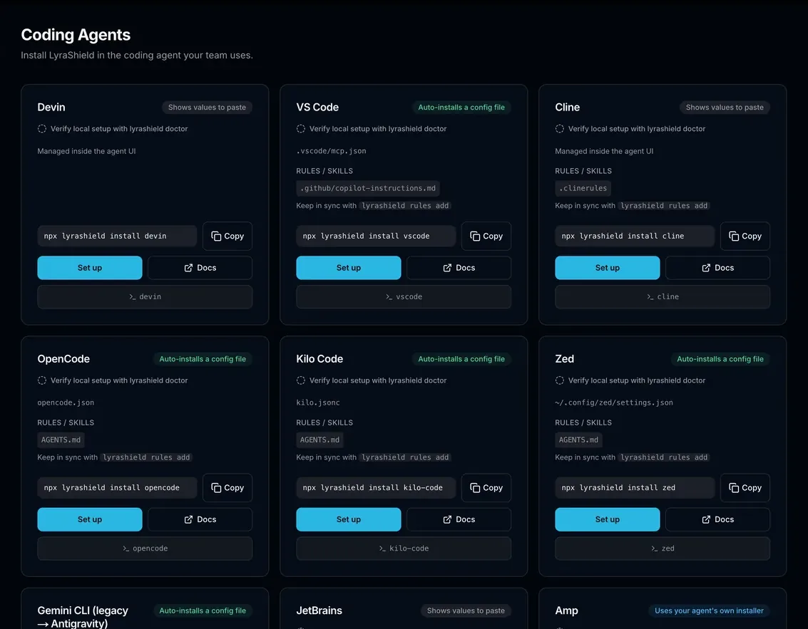 The Coding Agents page in the LyraShield console in dark mode. Cards for Devin, VS Code, Cline, OpenCode, Kilo Code, Zed and more each show a copyable install command.