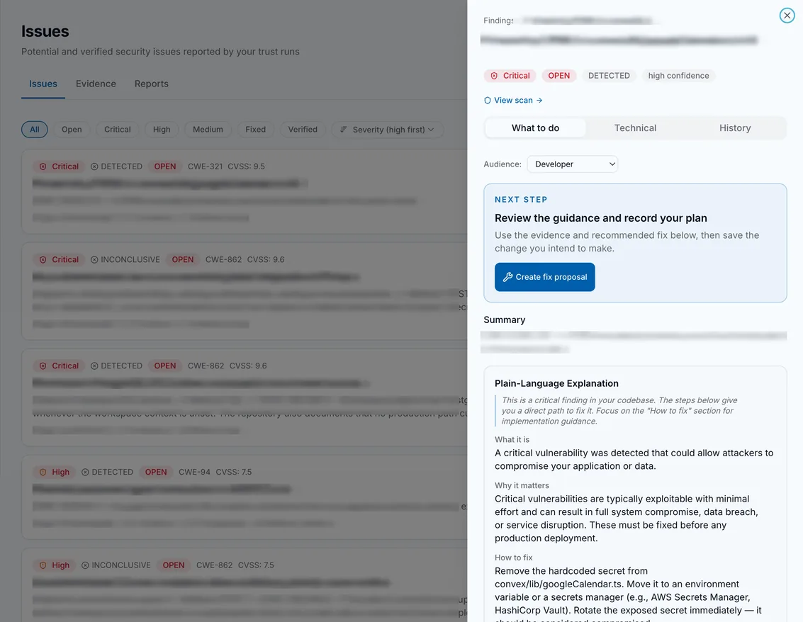 The Issues view in the LyraShield console in light mode. Findings are listed with a severity, an evidence state, an open status, and a CWE and CVSS reference.