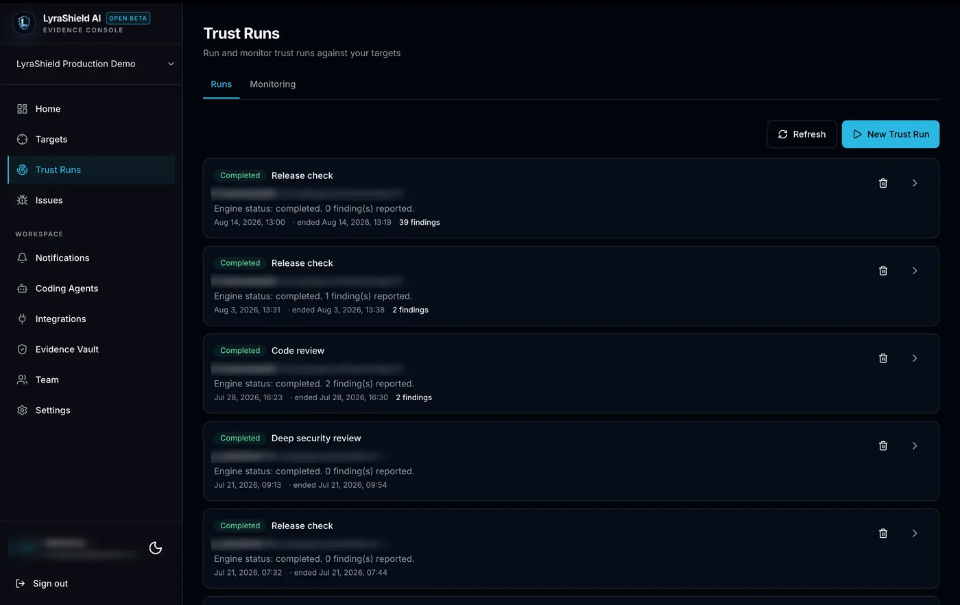The Trust Runs list in the LyraShield console. Five completed runs are listed — release checks, a code review and a deep security review — each showing the engine status, the start and end timestamps, and a retained finding count.