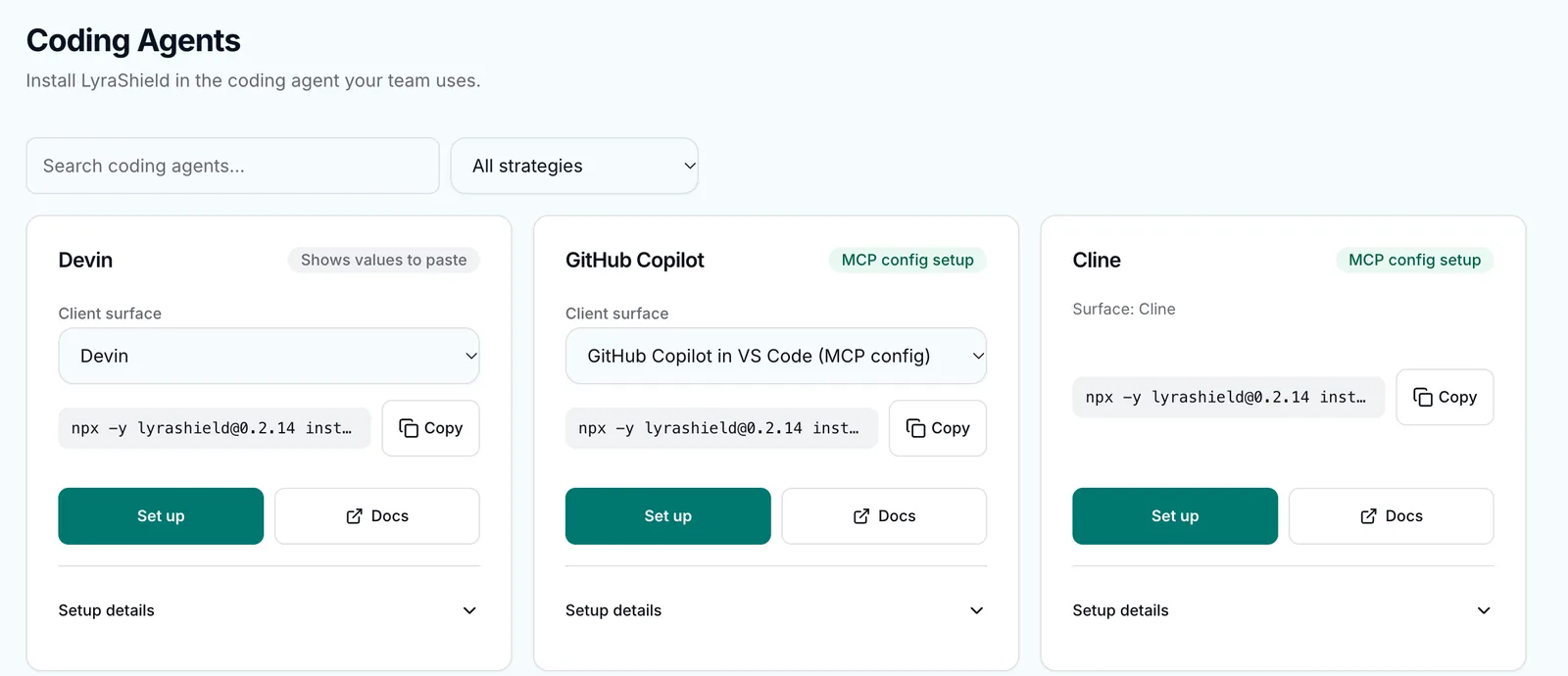 Current Coding Agents view with search, setup methods and Devin, GitHub Copilot and Cline installation cards, each with Set up, Docs and expandable setup details. Light theme.
