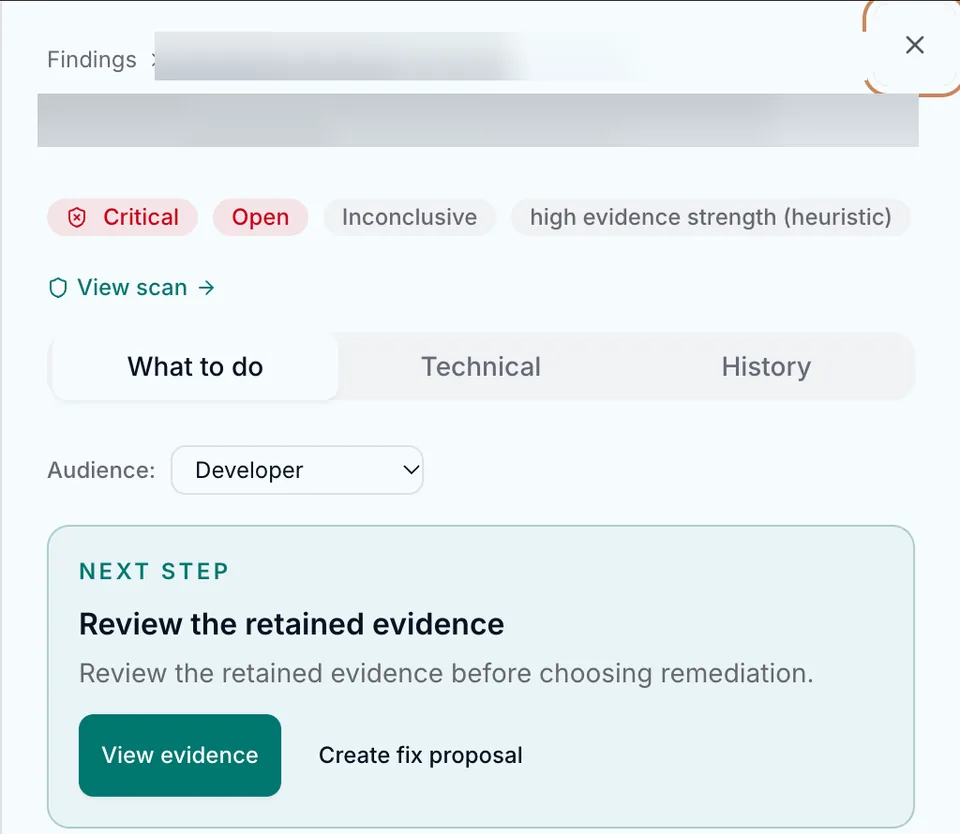 A current finding detail panel with Critical severity, Open status, Inconclusive evidence and actions to review evidence or create a fix proposal. The private finding title is redacted. Light theme.